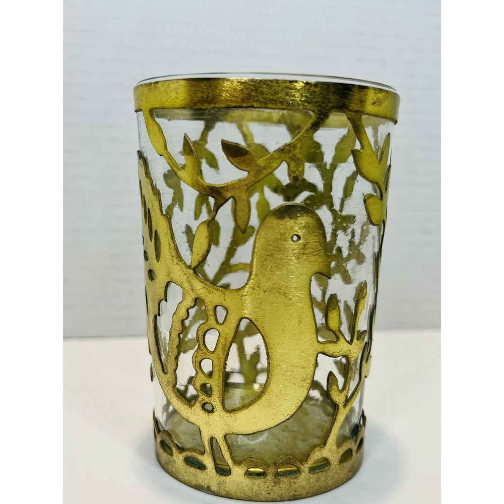 Anthropologie Home Lantern Gold Leaf Bird Candle Glass Vase Holder Tumbler Stick